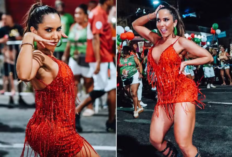 Mulher Melão bomba com microvestido em ensaio de Carnaval