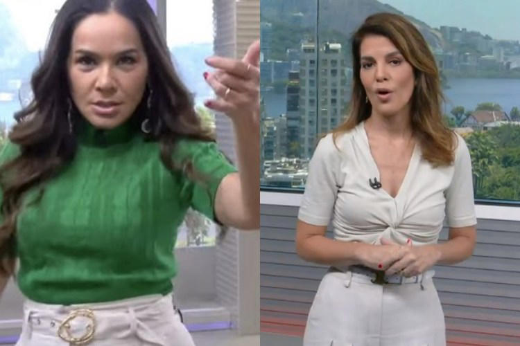 Isabele Benito, apresentadora do SBT Rio, ‘provoca’ Mariana Gross, do RJ1, por causa do cenário