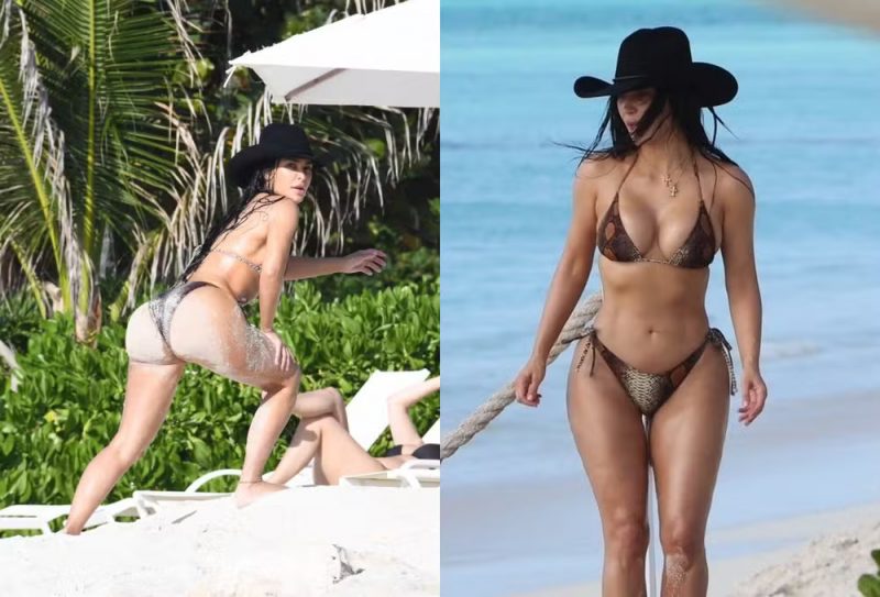 Kim Kardashian chama atenção em dia de praia com irmãs