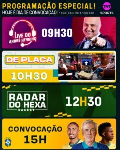 TNT Sports fará 10 horas de transmissão no dia da convocação da Seleção Brasileira