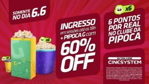 60% off no cinema no 6/6: ingresso e pipoca com desconto para sessões até às 18h